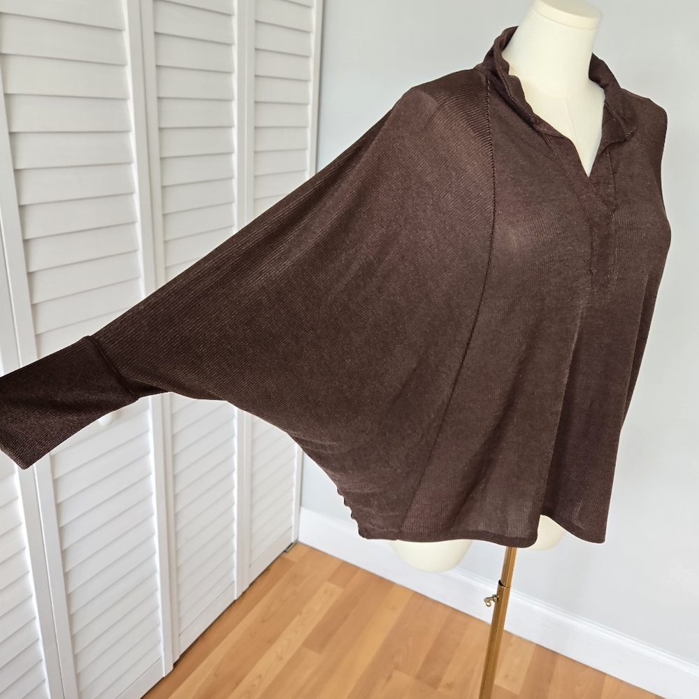 ZARA Brown Ribbed Knit Dolman Sleeve Top Size S Slouchy Minimal Cozy Chic Fall - Picture 4 of 12